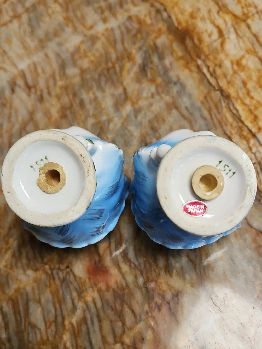 Vintage Lefton Miss Priss ceramic salt and pepper shakers, likely from the 1950s